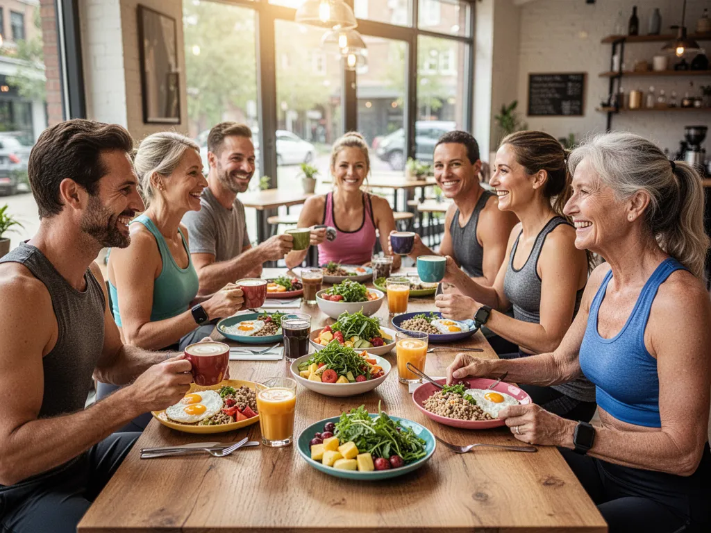 Pod members talking over coffee and breakfast after a workout